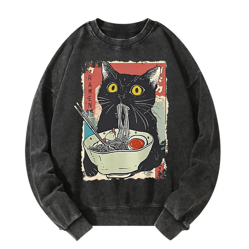 Cute Cat Eating Ramen Washed Sweatshirt