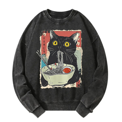 Cute Cat Eating Ramen Washed Sweatshirt