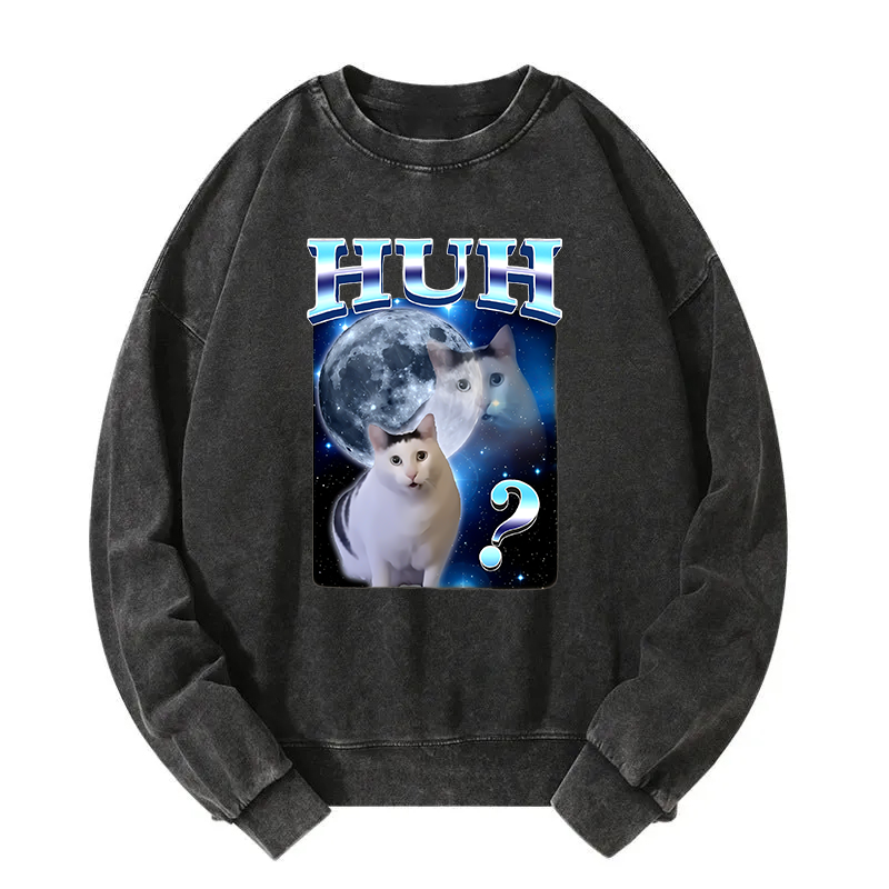 Huh Cat Funny Dank Meme Moon Washed Sweatshirt