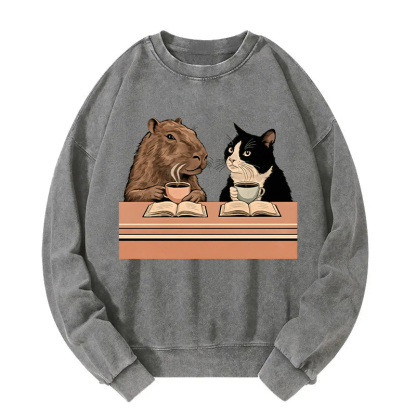 Capybara And Cat Talk Washed Sweatshirt