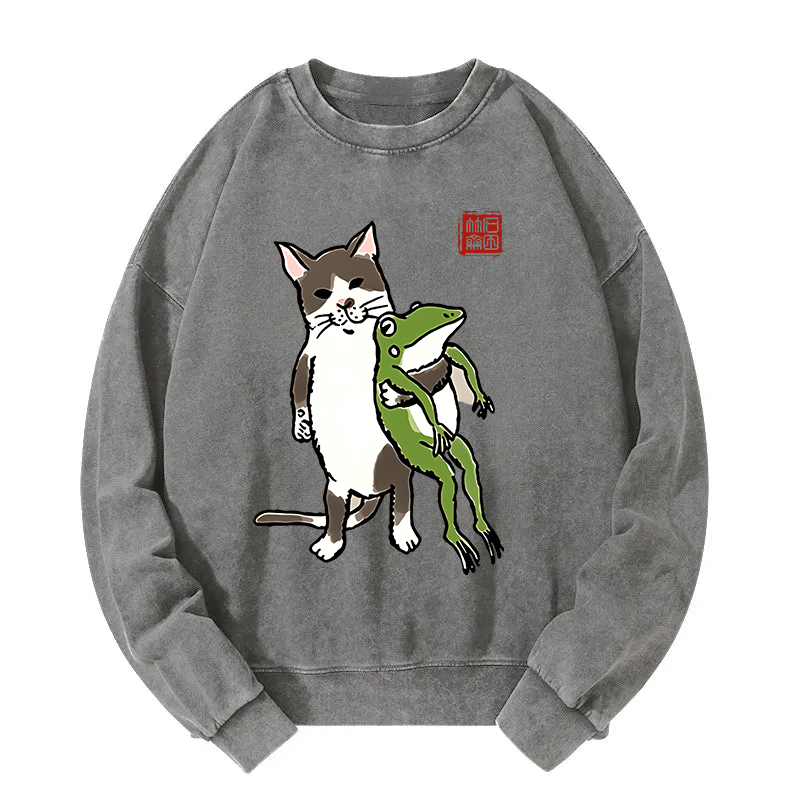 Cat Holding A Frog Washed Sweatshirt