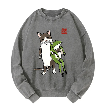 Cat Holding A Frog Washed Sweatshirt