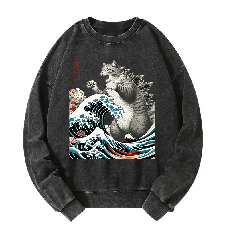 Godzilla Ukiyoe Great Wave Vintage Japanese Design Washed Sweatshirt