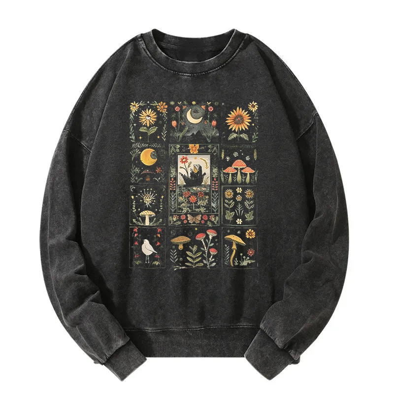 Frog Cottagecore Floral Whimsical Mushroom Washed Sweatshirt