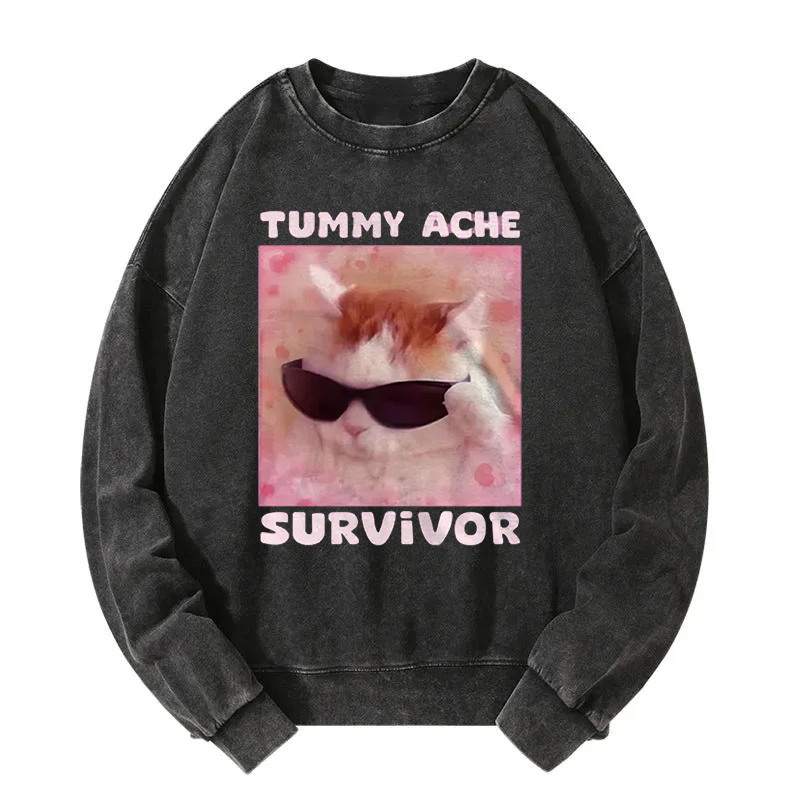 Tummy Ache Survivor Funny Cat Meme Washed Sweatshirt