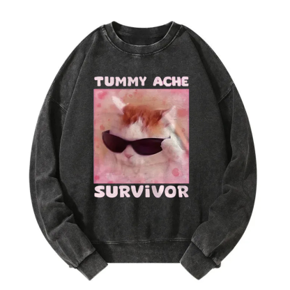 Tummy Ache Survivor Funny Cat Meme Washed Sweatshirt