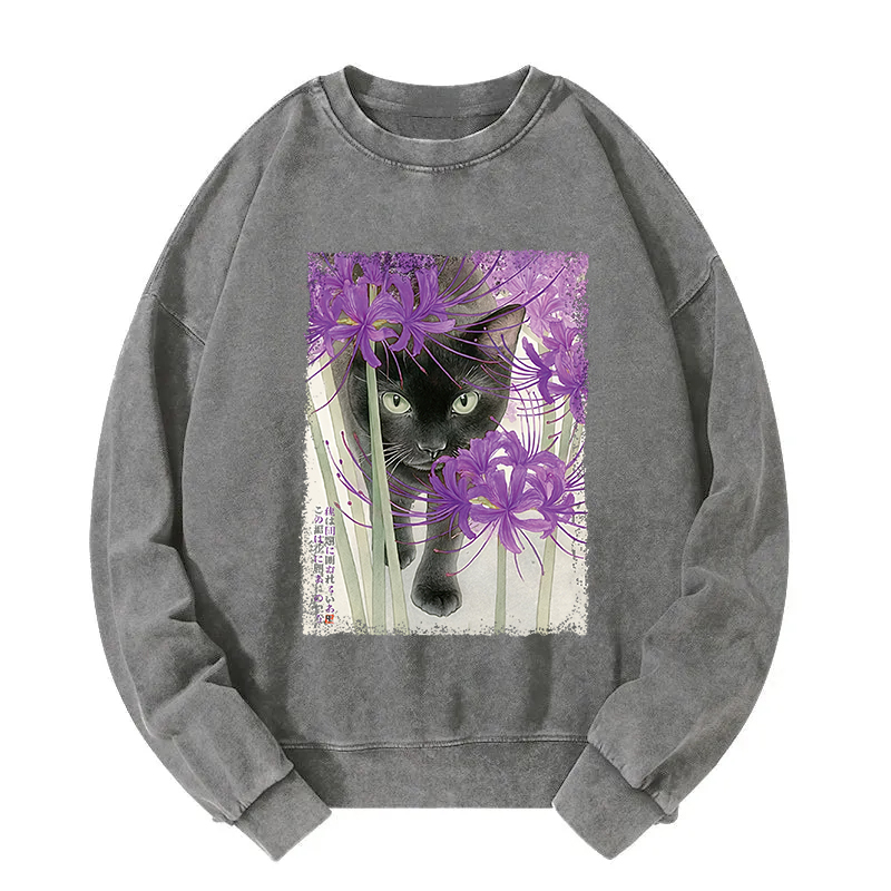 A Cat Among The Purple Spider Lily Washed Sweatshirt