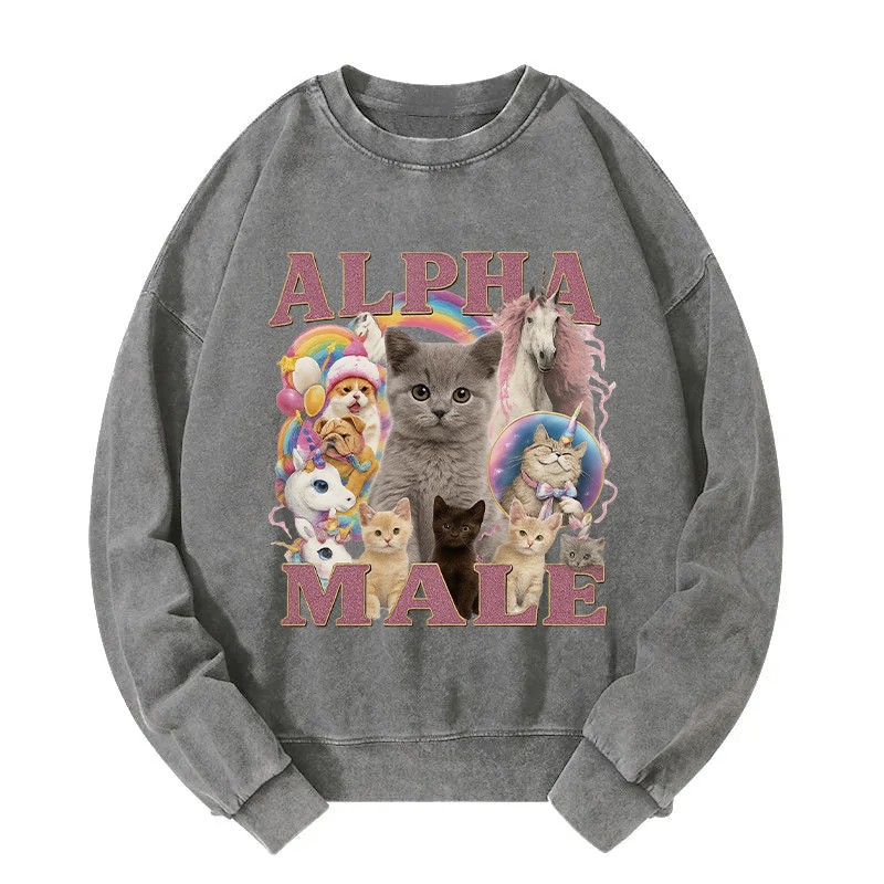 Alpha Male Funny Cat Meme Washed Sweatshirt