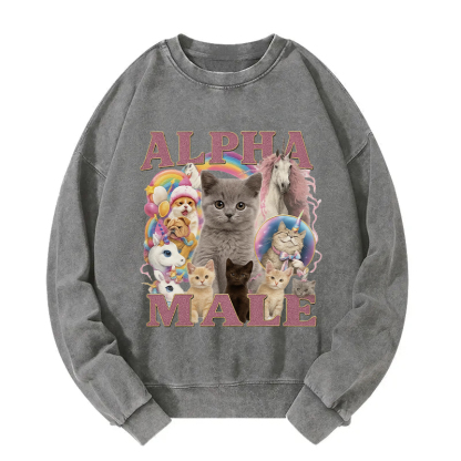 Alpha Male Funny Cat Meme Washed Sweatshirt