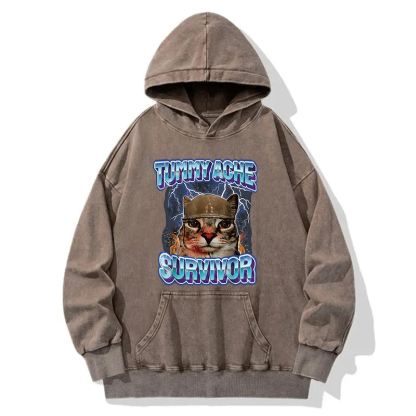 Tummy Ache Survivor Cat Meme Washed Hoodie