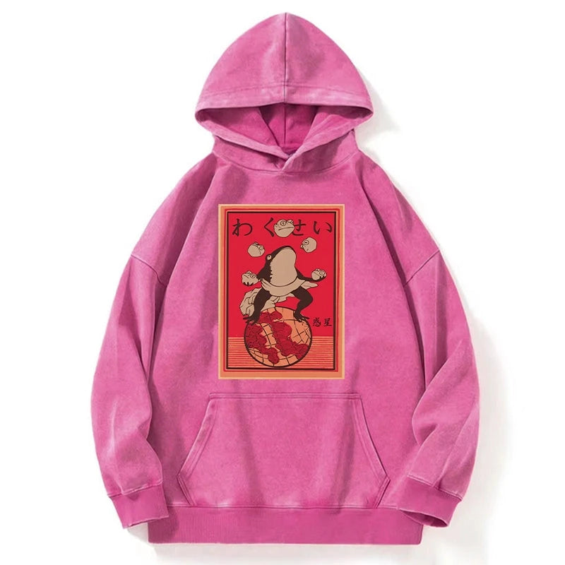 Wakusei Frog Funny Washed Hoodie