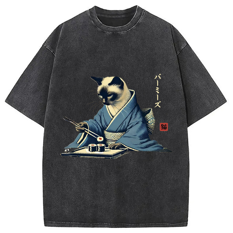 Cat In Kimono Eating Sushi Washed T-Shirt