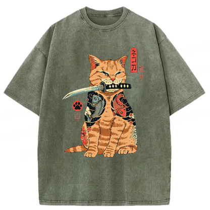 Tokyoviva Samurai Cat Washed T-shirt