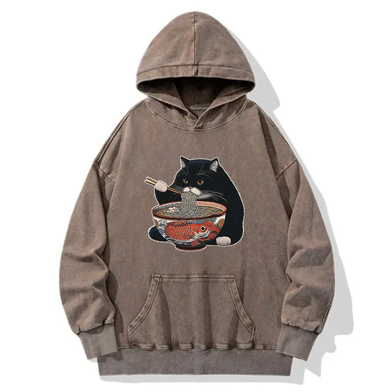 Fat Cat Eating Ramen Washed Hoodie