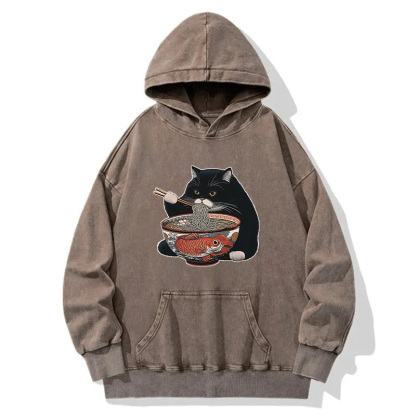 Fat Cat Eating Ramen Washed Hoodie