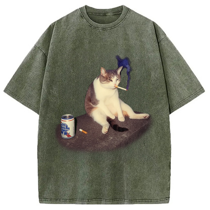 Custom Cat Smoking Meme Washed T-Shirt