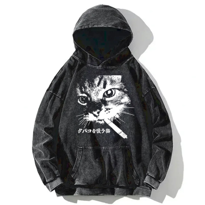Retro Cat Smoking Washed Hoodie