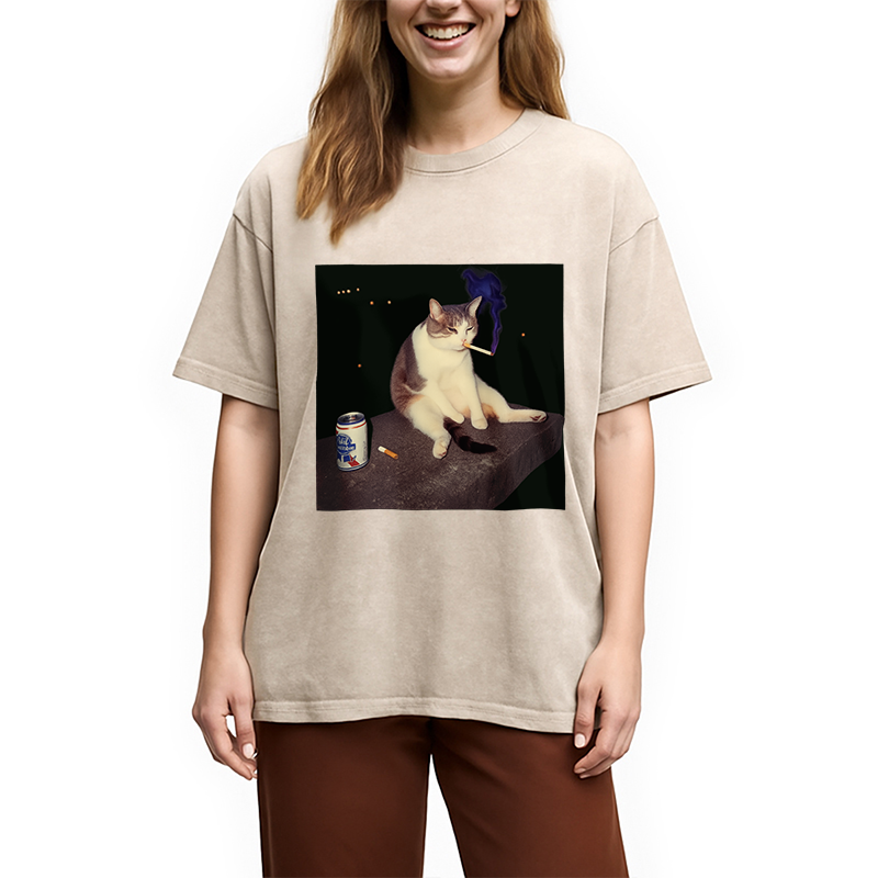 Cigarette Kitten Funny Smoking Cat Meme Washed T-Shirt