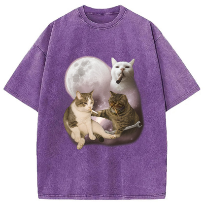 Three Cat Smoking Retro Washed T-Shirt