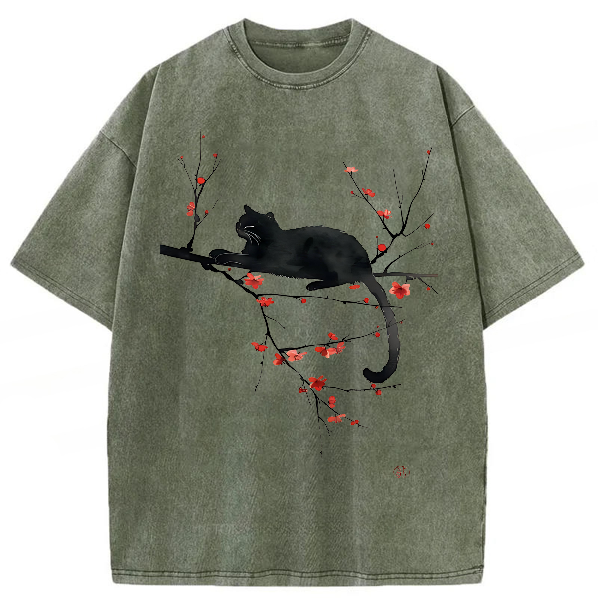 Tokyoviva Japanese Black Cat Flowers Washed T-shirt