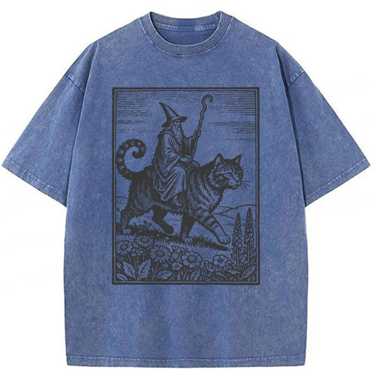 Tokyoviva Funny Wizard Cat Rider Washed T-shirt