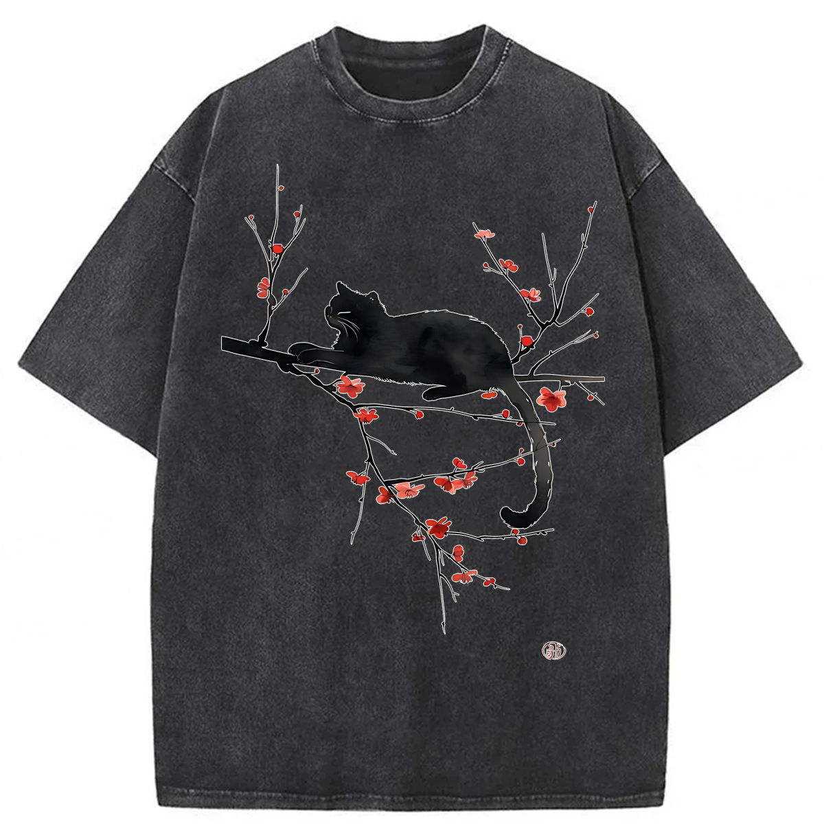 Tokyoviva Japanese Black Cat Flowers Washed T-shirt