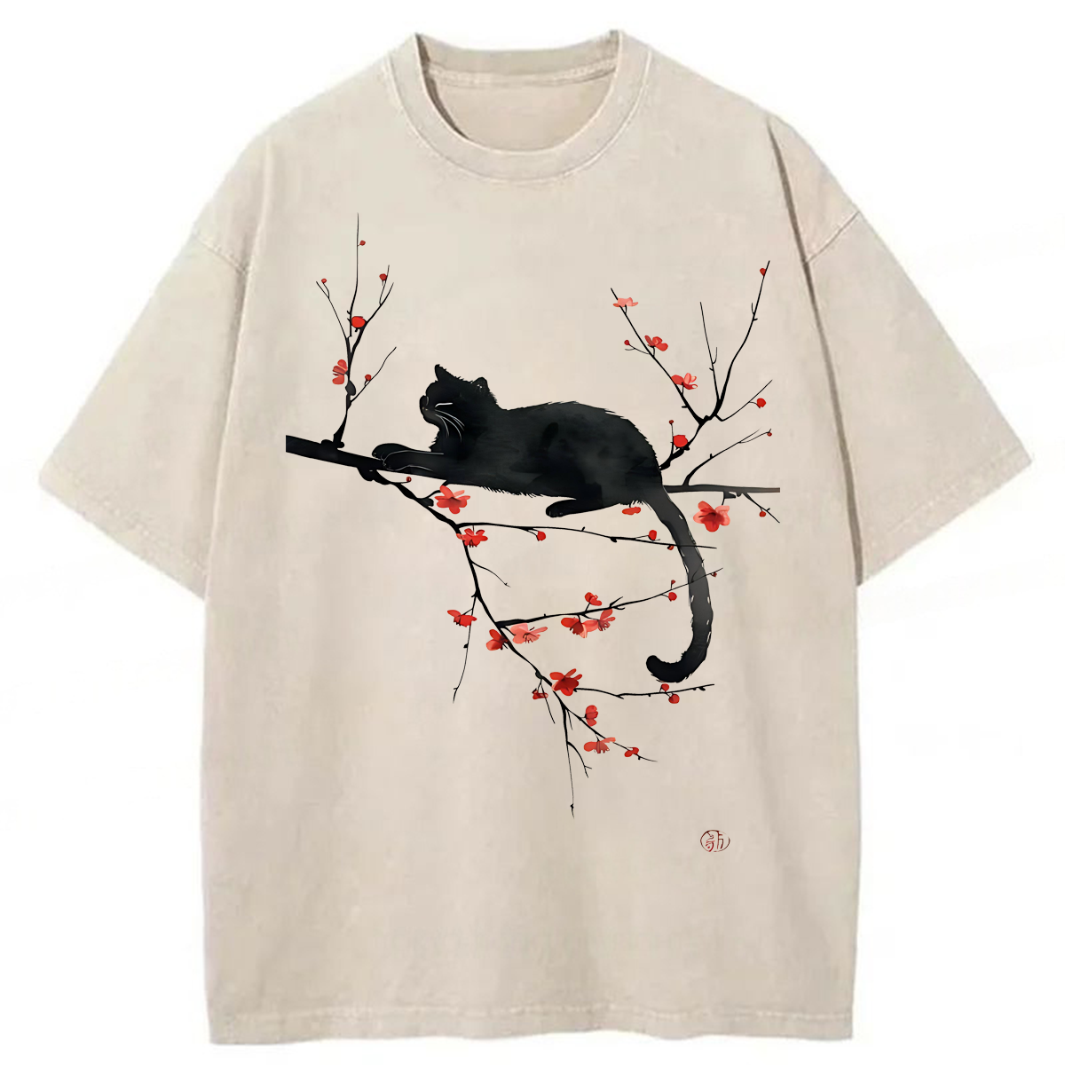 Tokyoviva Japanese Black Cat Flowers Washed T-shirt