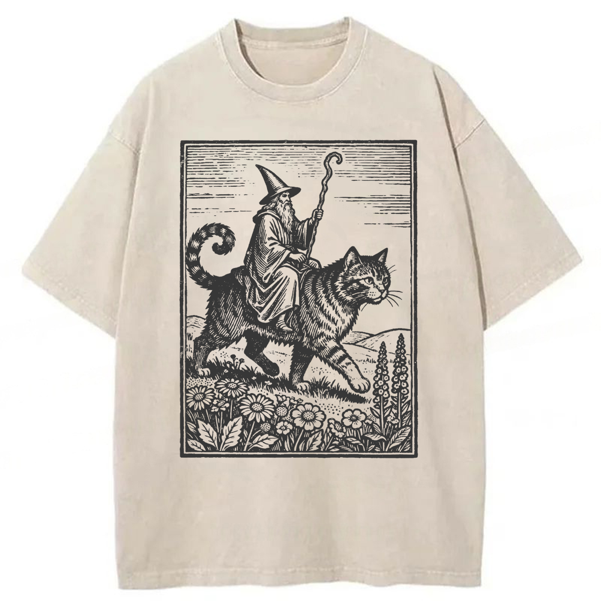 Tokyoviva Funny Wizard Cat Rider Washed T-shirt