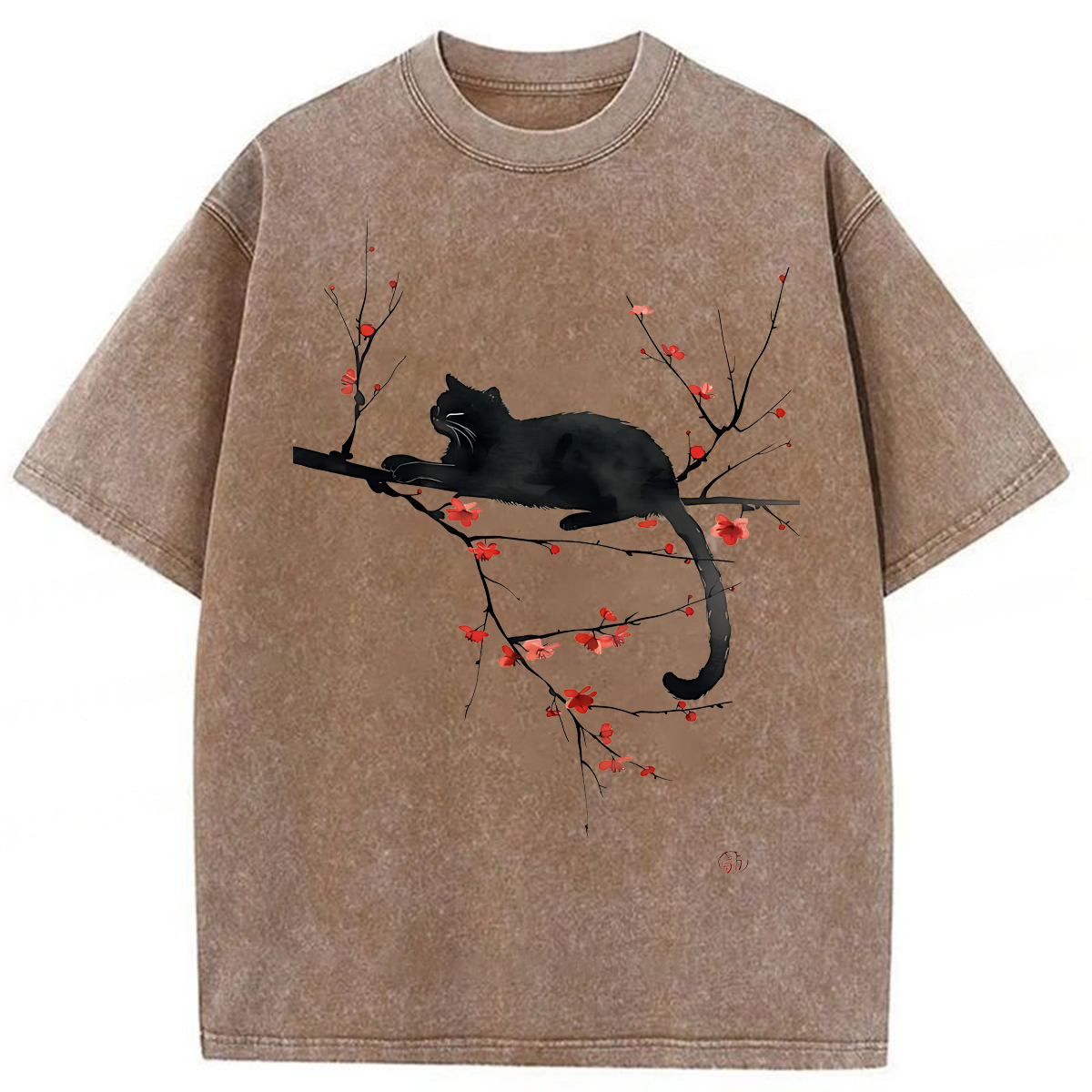 Tokyoviva Japanese Black Cat Flowers Washed T-shirt