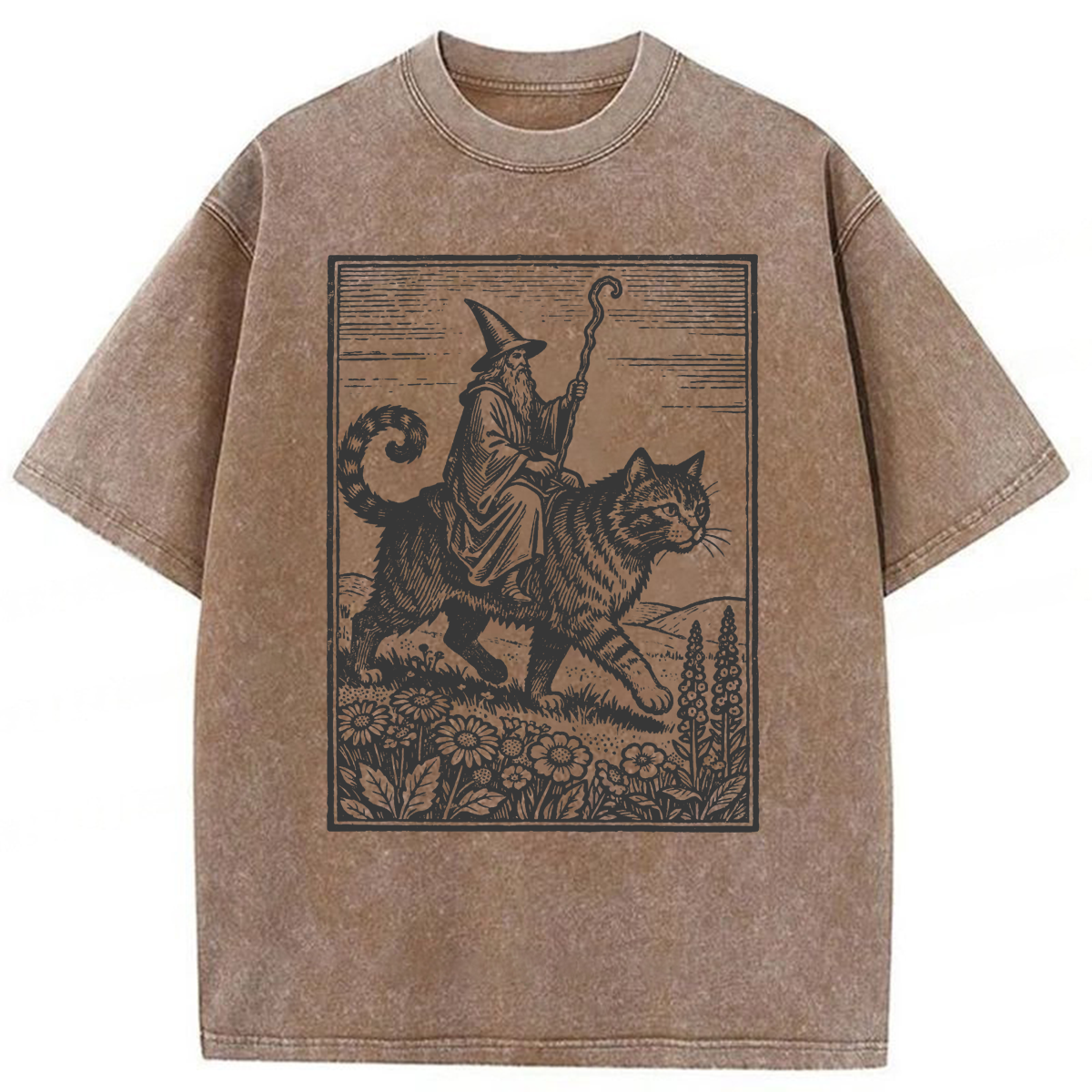 Tokyoviva Funny Wizard Cat Rider Washed T-shirt