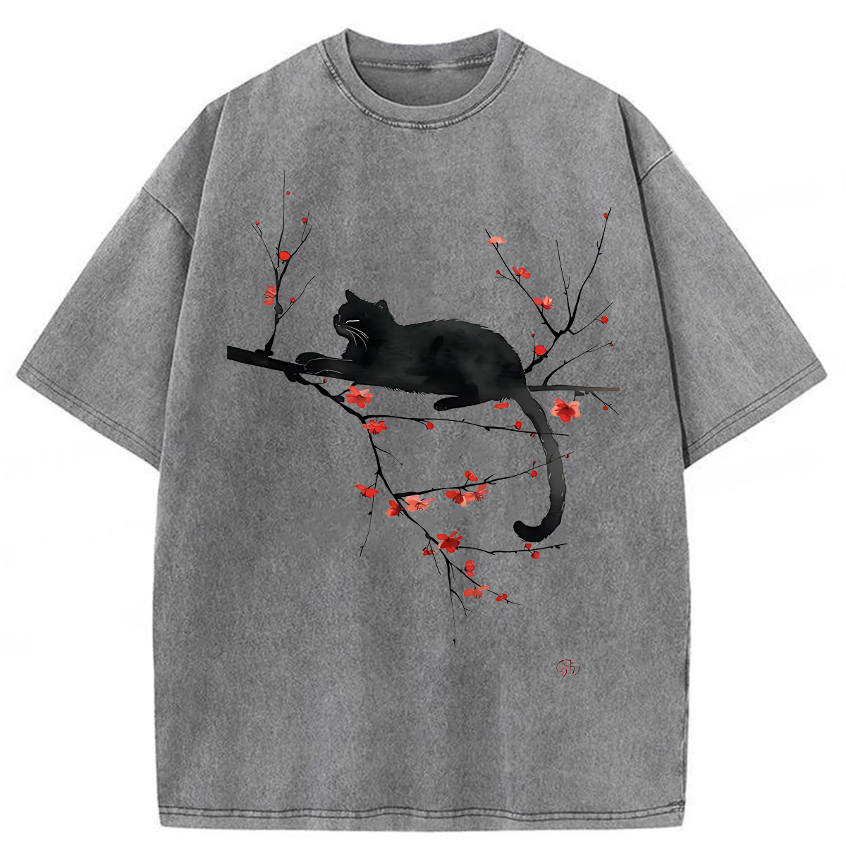 Tokyoviva Japanese Black Cat Flowers Washed T-shirt