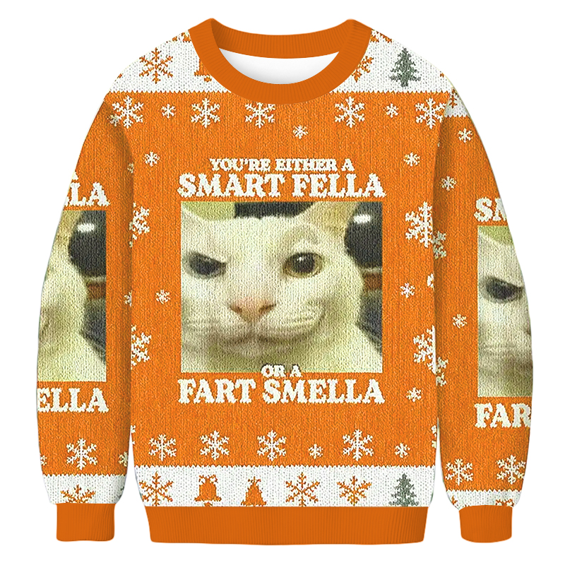 Baddiecat Smart Fella Or Fart Smella Cat Christmas Ugly Sweatshirt