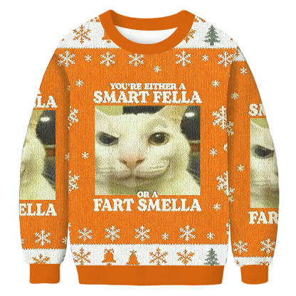 Baddiecat Smart Fella Or Fart Smella Cat Christmas Ugly Sweatshirt