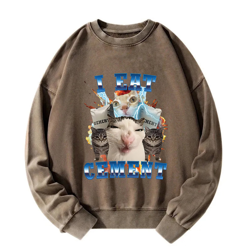 I Eat Cement Funny Cat Meme Washed Sweatshirt