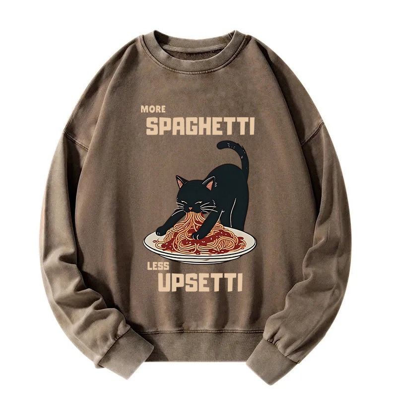 Cat Eating Spaghetti Funny Washed Sweatshirt