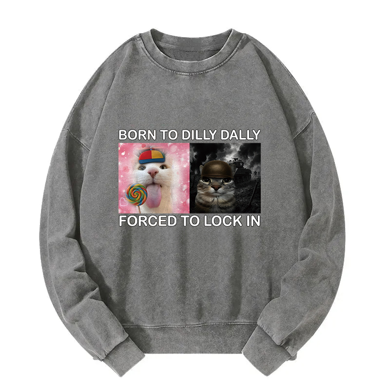 Born to Dilly Dally Funny Cat Meme Washed Sweatshirt