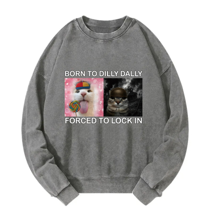 Born to Dilly Dally Funny Cat Meme Washed Sweatshirt