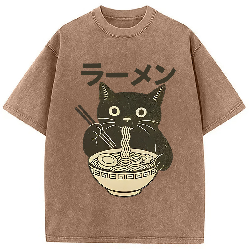 Simple Black Cat Eating Ramen Washed T-Shirt
