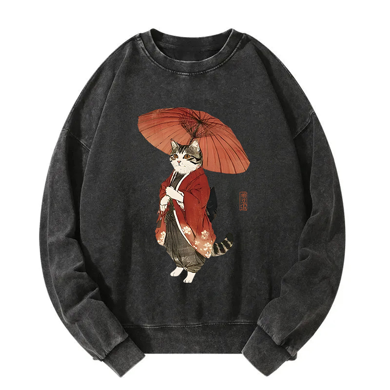 Elegant Cat Holding Umbrella Washed Sweatshirt