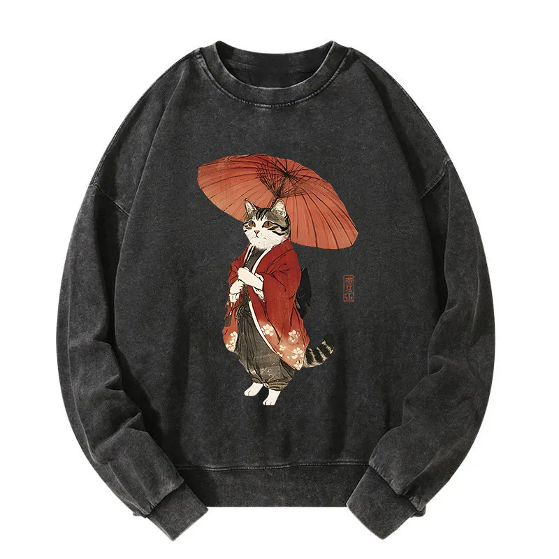 Elegant Cat Holding Umbrella Washed Sweatshirt