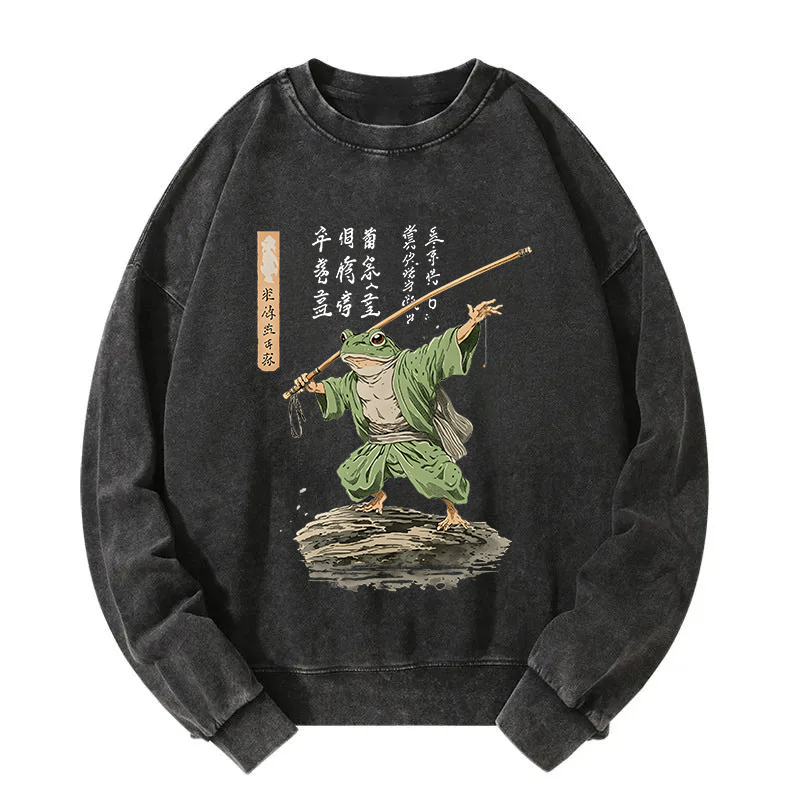 Frog Samurai Japanese Art Vintage Washed Sweatshirt