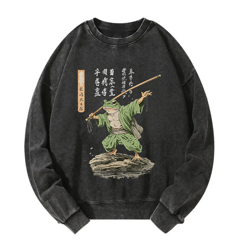 Frog Samurai Japanese Art Vintage Washed Sweatshirt