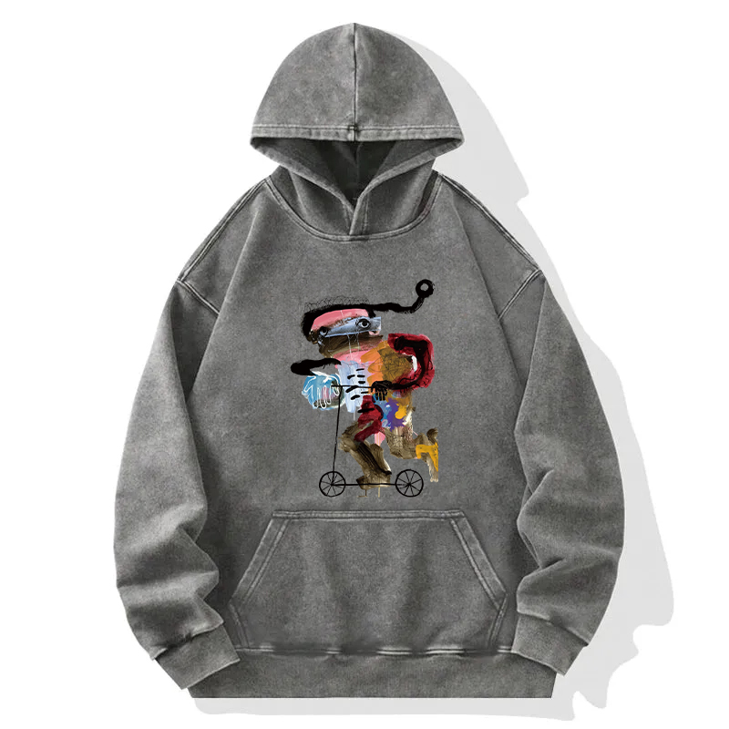 Skateboarder Frog Art Painting Washed Hoodie
