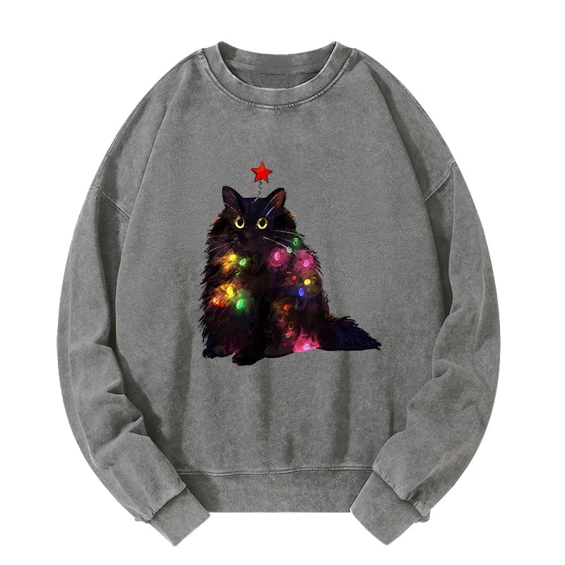 Christmas Lights Cat Washed Sweatshirt