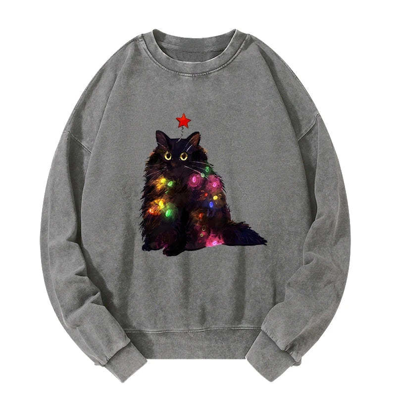 Christmas Lights Cat Washed Sweatshirt