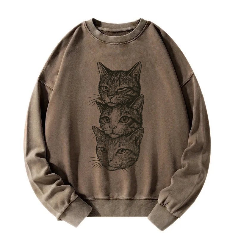 Three Cat Heads Washed Sweatshirt