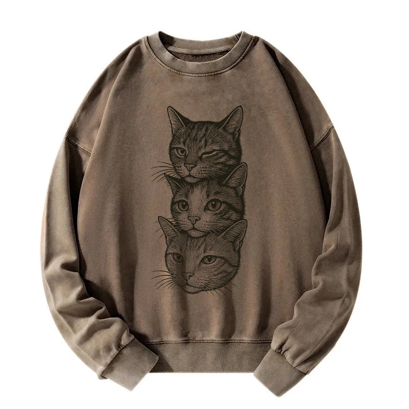 Three Cat Heads Washed Sweatshirt