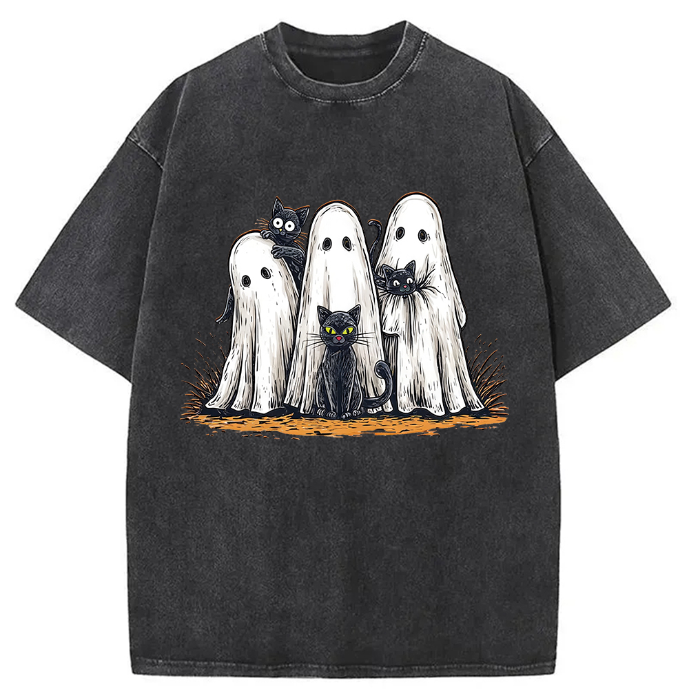 Black Cat Ghost Halloween Washed T-Shirt