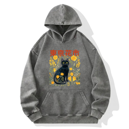 Black Cat In Flower Garden Washed Hoodie