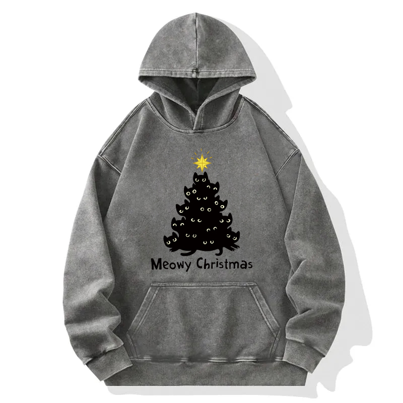 Black Cat Christmas Tree Washed Hoodie